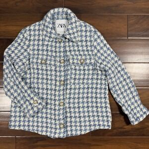 Zara Women's Size XS White Blue Tweed Faux Pearl Button Blazer Jacket